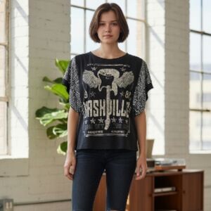 Black Graphic Nashville T-Shirt Music City Concert Tee Size Xlarge Country Flowy